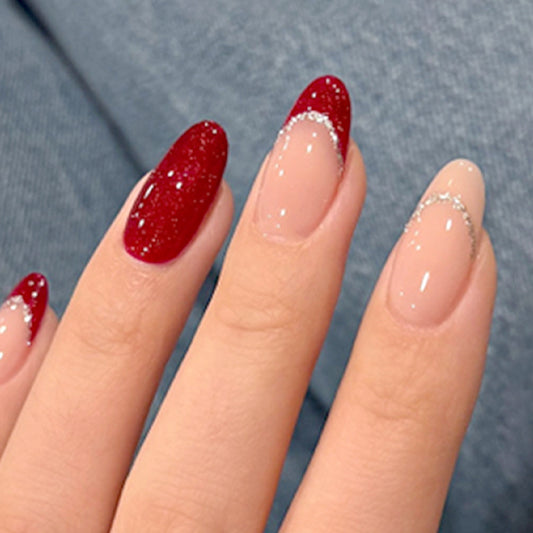 Charming Winter Wonderland Long Almond Red and Beige Nail Set with Glitter Accent