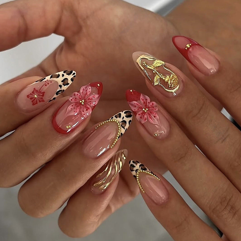 Tropical Bliss Long Almond Red and Leopard Press on Nail Set with Floral and Gold Accents