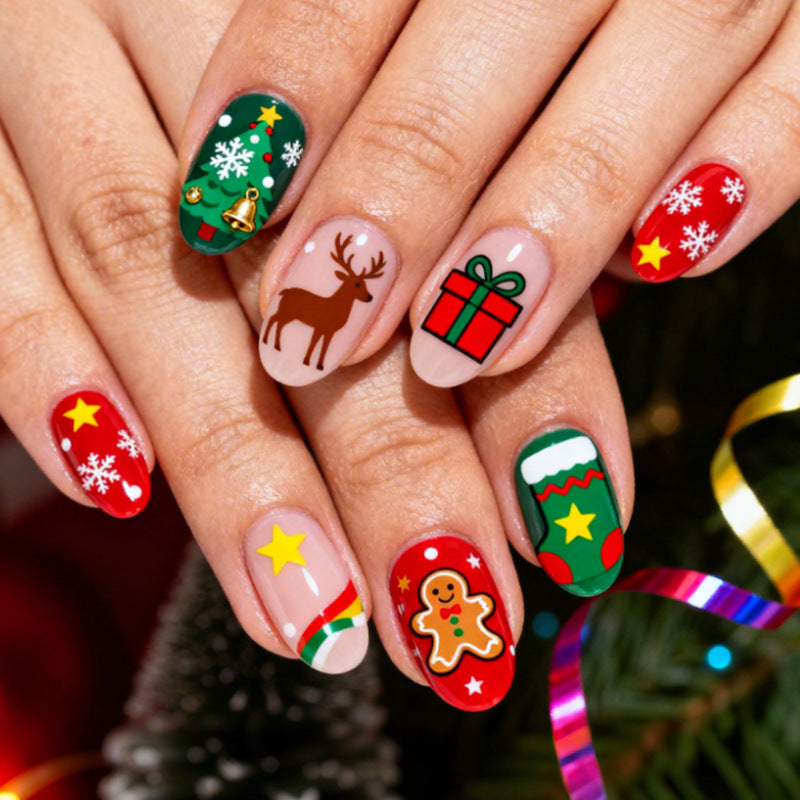 Festive Holiday Flair Medium Oval Red and Green Christmas Themed Press-On Nail Set with Cute Holiday Characters