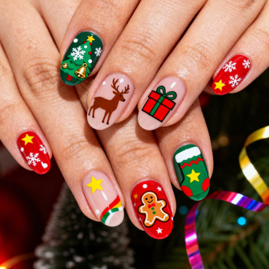 Festive Holiday Flair Medium Oval Red and Green Christmas Themed Press-On Nail Set with Cute Holiday Characters