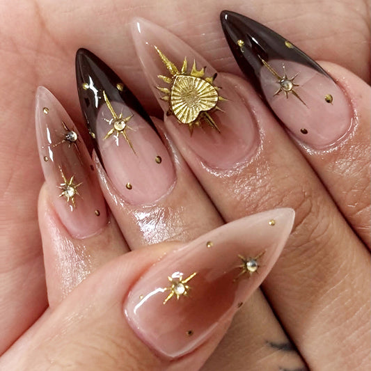 Celestial Elegance Long Almond Ombre Brown and Beige with Stunning Golden Sunburst Accent Nail Set