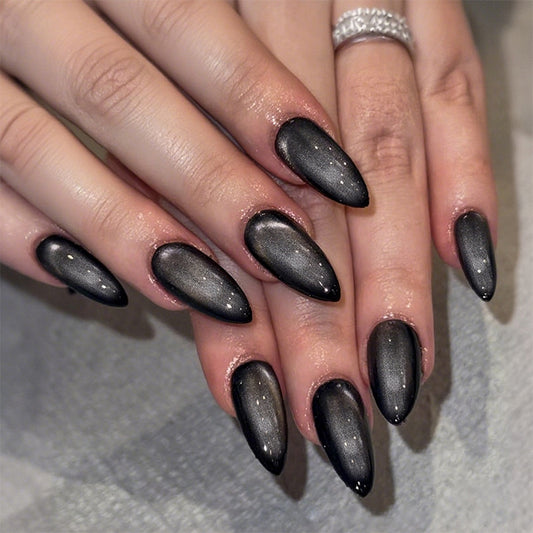 Mystical Midnight Elegance Long Almond Black Ombre Press On Nails with Shimmering Finish