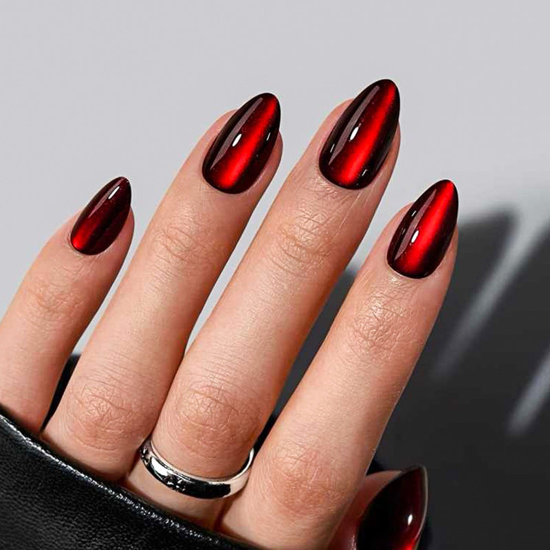 Gothic Elegance Medium Almond Shaped Dark Red Shimmer Press On Nail Set