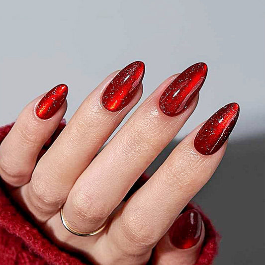 Glamorous Enchantment Long Almond Shaped Shimmering Dark Red Press On Nail Set