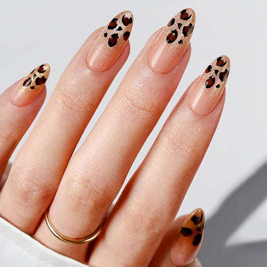 Savannah Spots Elegant Long Almond Shaped Golden and Black Leopard Print Press On Nail Set
