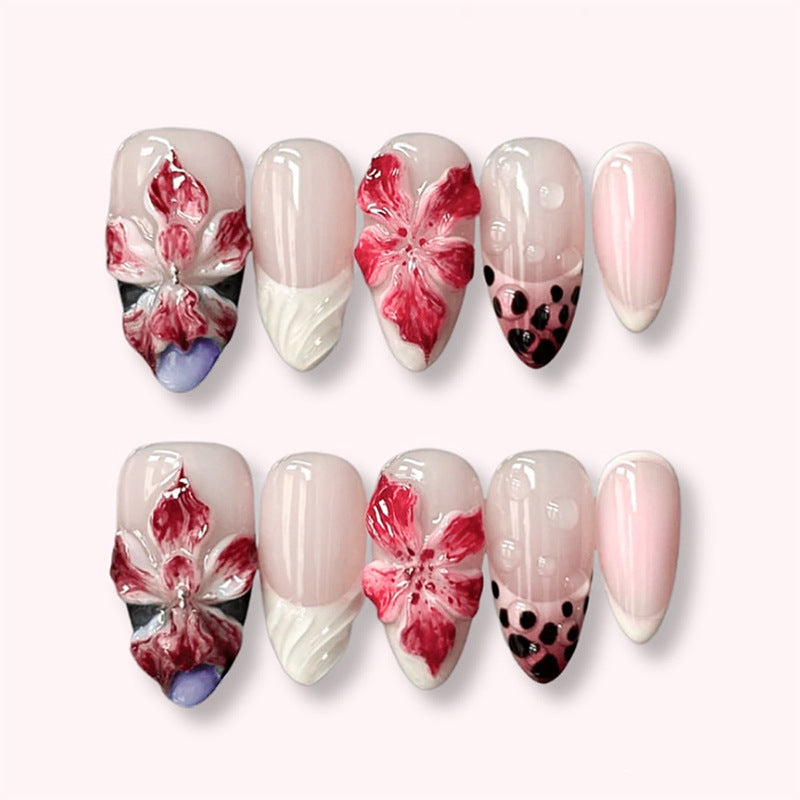 Floral Elegance Medium Almond Pink Press-On Nail Set with Artistic Blossom Design