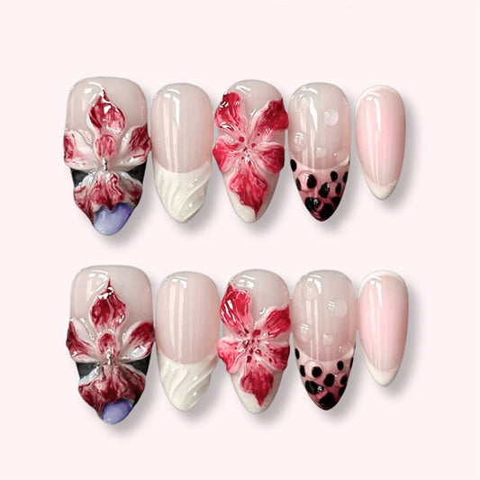 Floral Elegance Medium Almond Pink Press-On Nail Set with Artistic Blossom Design