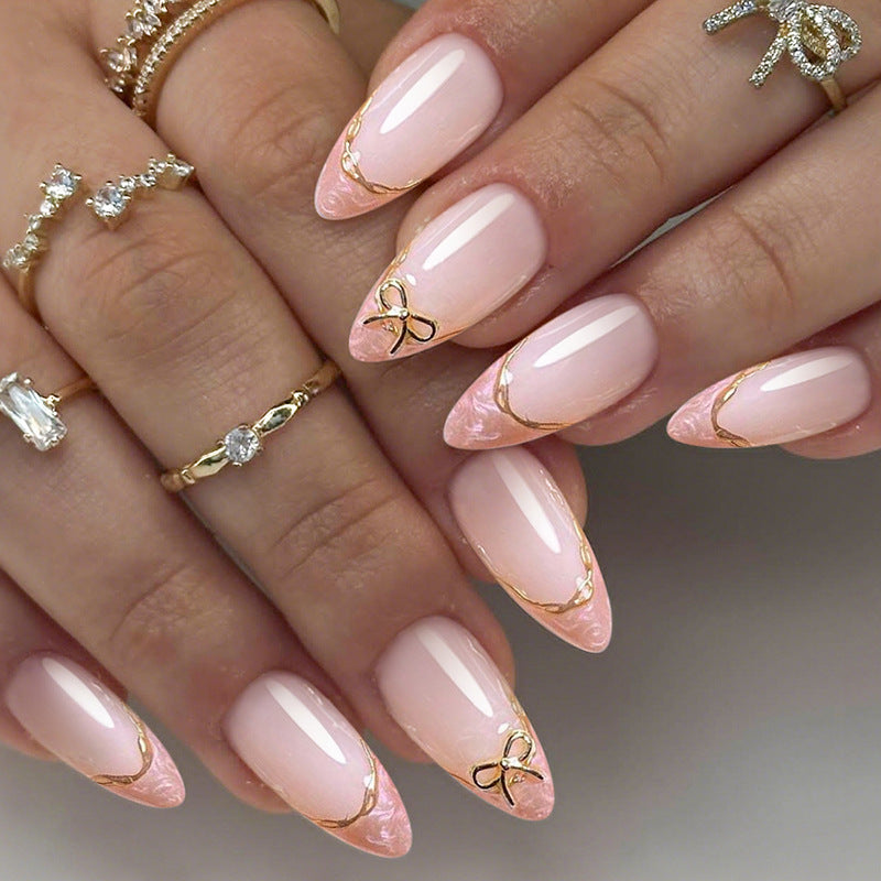 Chic Elegance Medium Almond Pink with Gold Detail and Bow Nail Set