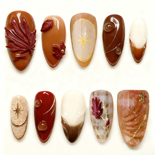 Autumn Elegance Press on Nail Set Medium Almond Shape Warm Brown and Cream with Leaf Embellishments