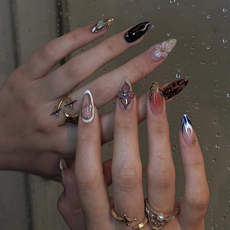 Whimsical Elegance Dreamy Medium Almond Press on Nail Set in Multicolor with Floral and Metallic Accents