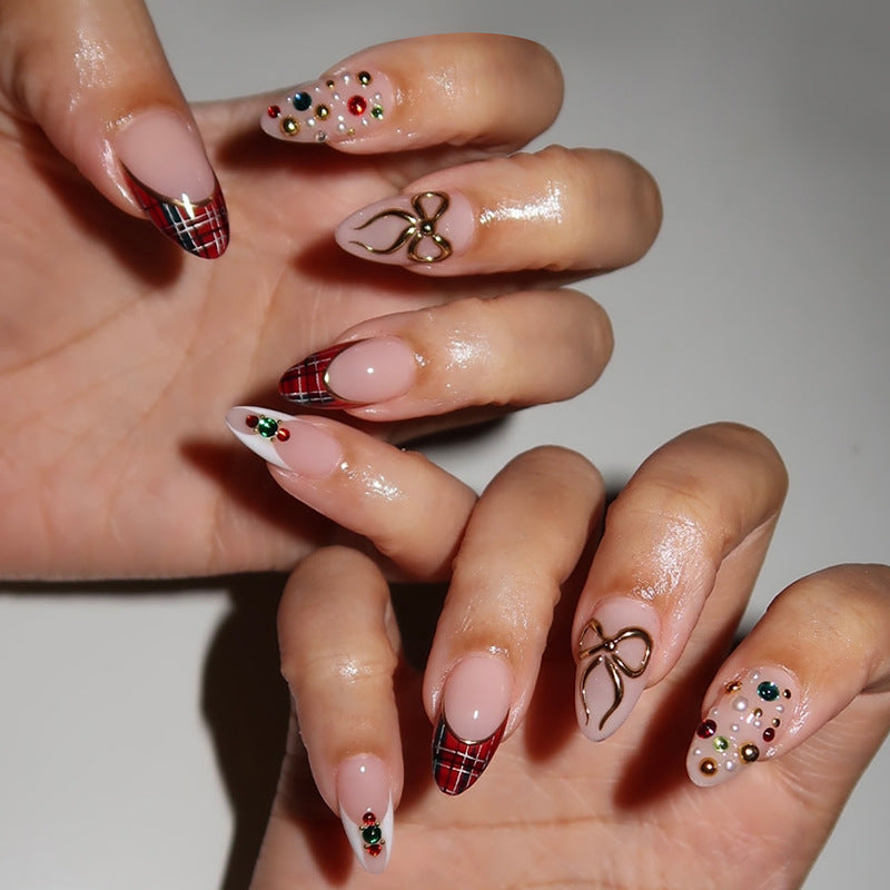 Charming Festive Press On Nail Set Long Almond Red and Beige with Elegant Bow and Colorful Gems
