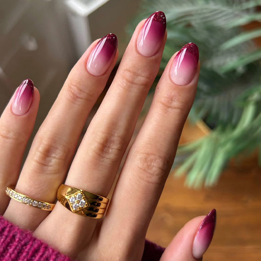 Enchanting Ombre Medium Almond Burgundy Gradient Press On Nail Set with Sparkling Tips