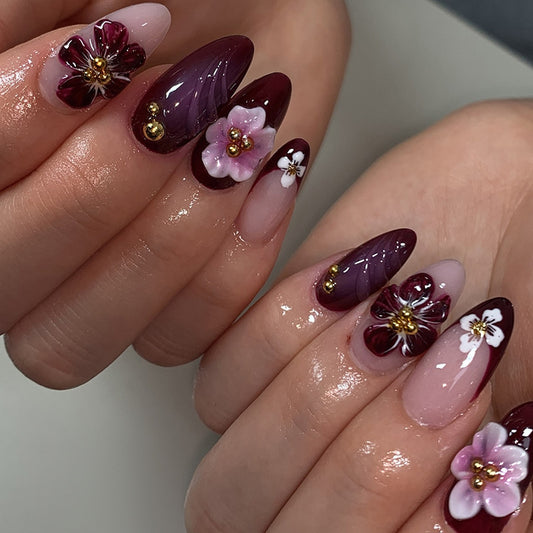 Blooming Elegance Medium Almond Burgundy and Pink Floral Accented Press On Nail Set