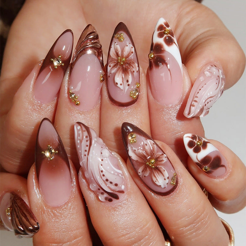 Elegant Spring Blossom Medium Almond Shaped Brown and Pink Gradient Floral Press-On Nail Set with Glitter Accents