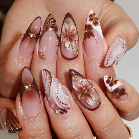 Elegant Spring Blossom Medium Almond Shaped Brown and Pink Gradient Floral Press-On Nail Set with Glitter Accents