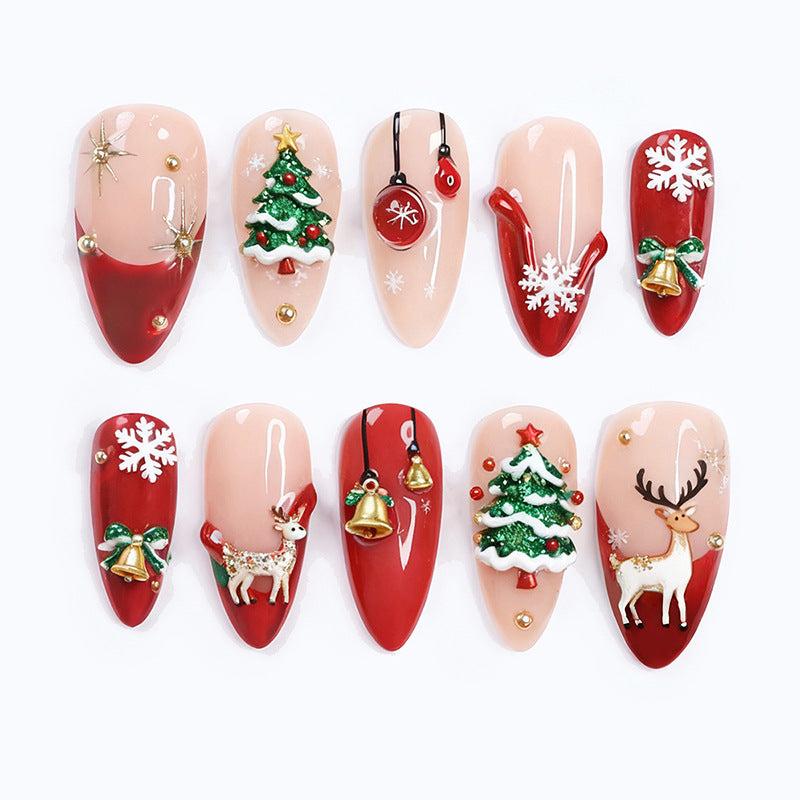 Festive Charm Medium Almond Red and Beige Press On Nail Set with Seasonal Decorations