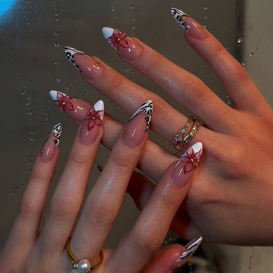 Bohemian Elegance Long Almond Pink with Floral and Leopard Print Design Press On Nail Set