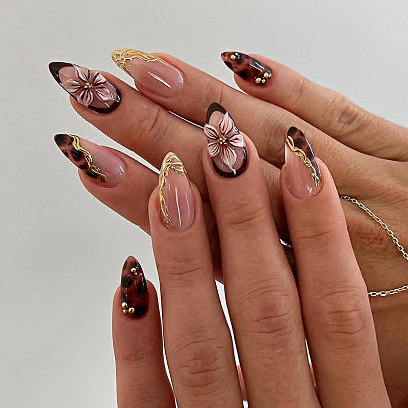 Bohemian Elegance Long Stiletto Burgundy with Floral Accents and Gold Detailing Press On Nail Set
