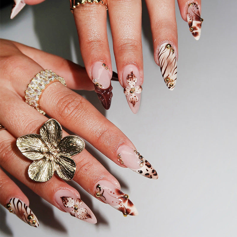 Bohemian Elegance Long Almond Pink and Brown Press on Nail Set with Floral Accents and Glamorous Gem Embellishments