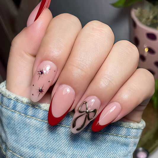Chic Elegance Long Almond Red and Pink Glossy Press on Nail Set with Unique Bow Accent
