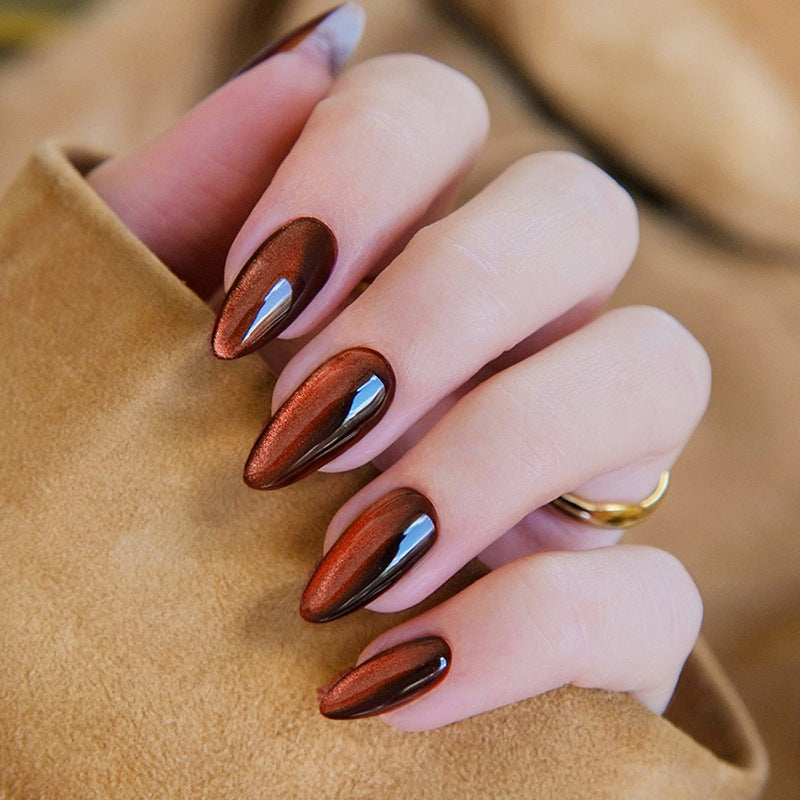 Autumn Elegance Long Almond Shaped Rich Mahogany Press On Nail Set with Shimmering Finish