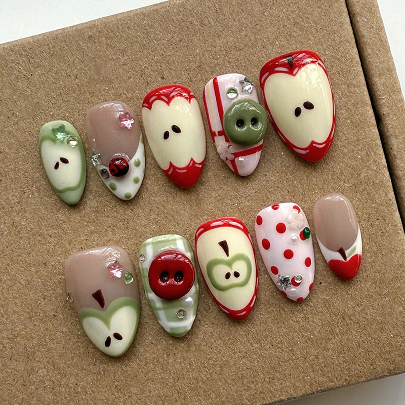 Festive Fruit Inspired Short Almond Shaped Glossy Red and Green Nail Set with Cute Button Accents