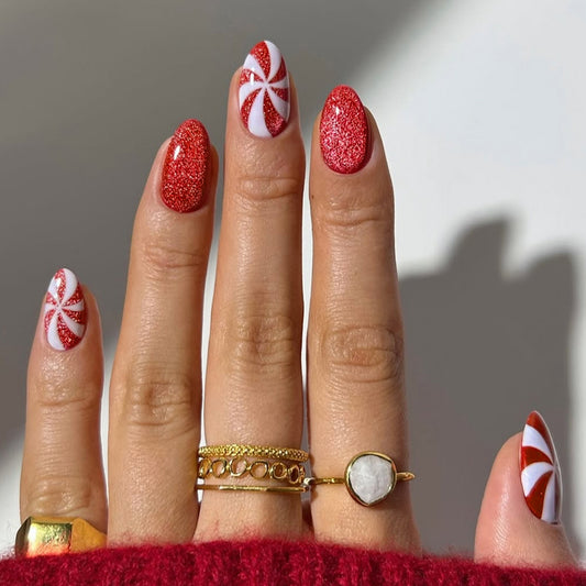 Candy Cane Inspired Medium Oval Shaped Red and White Glittery Press on Nail Set