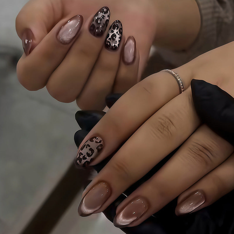 Safari Chic Medium Almond Shaped Brown Ombre Press on Nail Set with Bold Leopard Print Accent