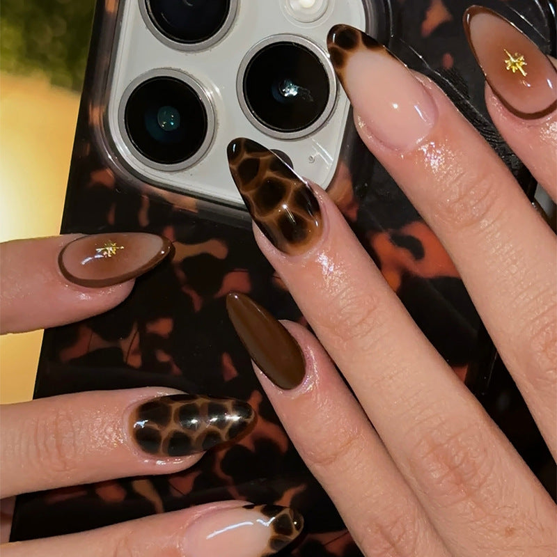 Savanna Chic Long Almond Brown and Clear Animal Print with Gold Sparkle Nail Set