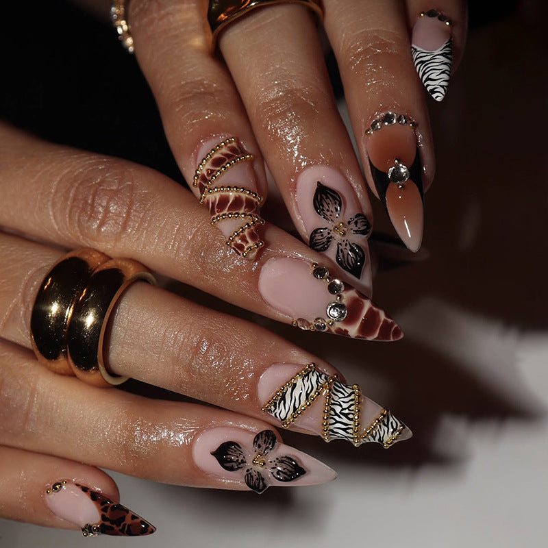 Glamorous Safari Long Almond Beige and Black Press On Nail Set with Eye-Catching Metallic Accents