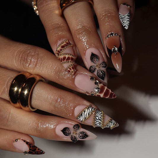 Glamorous Safari Long Almond Beige and Black Press On Nail Set with Eye-Catching Metallic Accents