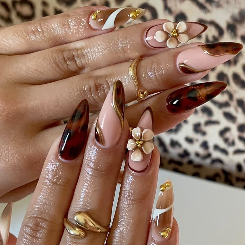 Chic Garden Inspired Long Almond Brown and Beige Press on Nail Set with Floral Accents and Gold Detailing