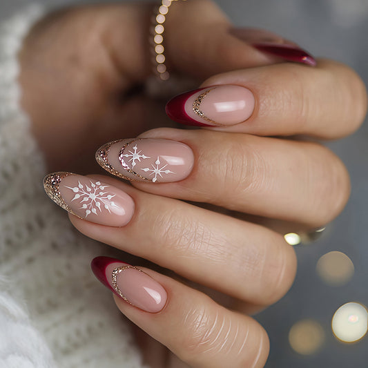 Winter Wonderland Elegant Long Almond Shaped Burgundy and Beige Press-On Nail Set with Sparkling Snowflake Design