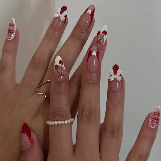 Cherry Blossom Delight Almond Long Red and White Glossy Finish with Charming Bow Accents