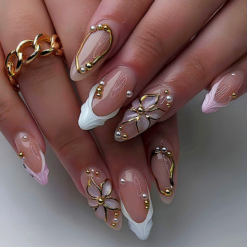 Elegant Floral Dream Long Almond Shaped Pink and White Press on Nail Set with Gold Accents and Pearl Details