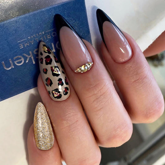Wild Jungle Chic Long Stiletto Shape Black and Beige with Leopard Print Feature Press On Nail Set