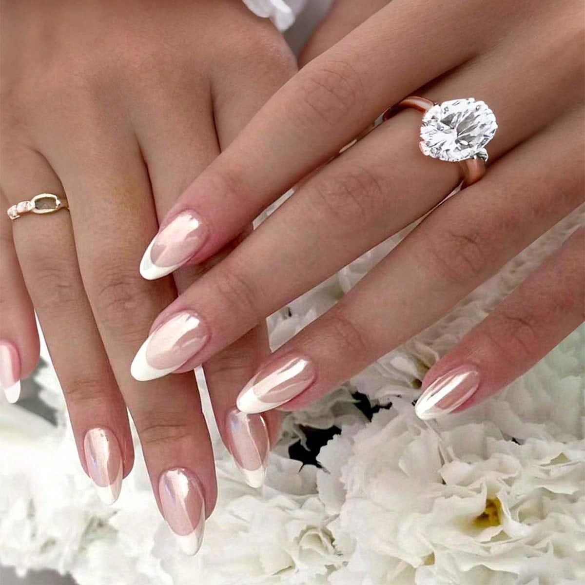 Elegant Dreamy Shape Long Almond Glossy Beige with White Tips Press-On Nail Set