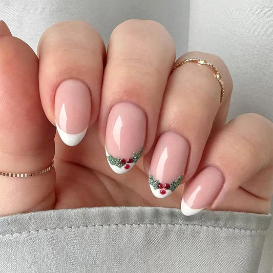 Festive Chic Short Almond Shaped Light Pink with Holiday Holly Design Press On Nail Set
