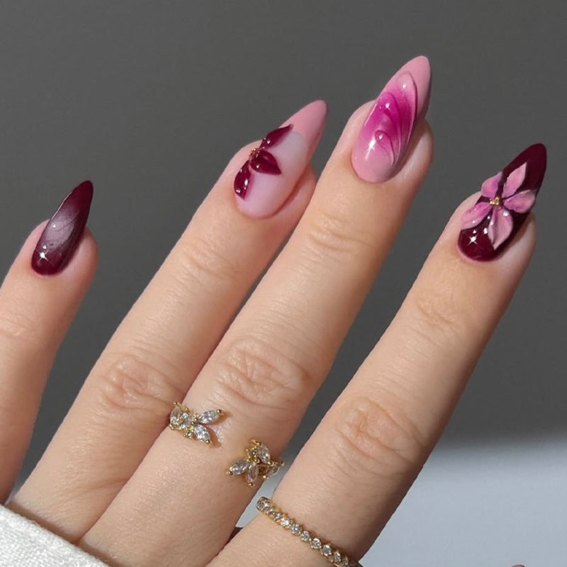 Whimsical Floral Fantasy Long Stiletto Pink and Burgundy Gradient with Elegant Flower Embellishments Press On Nail Set