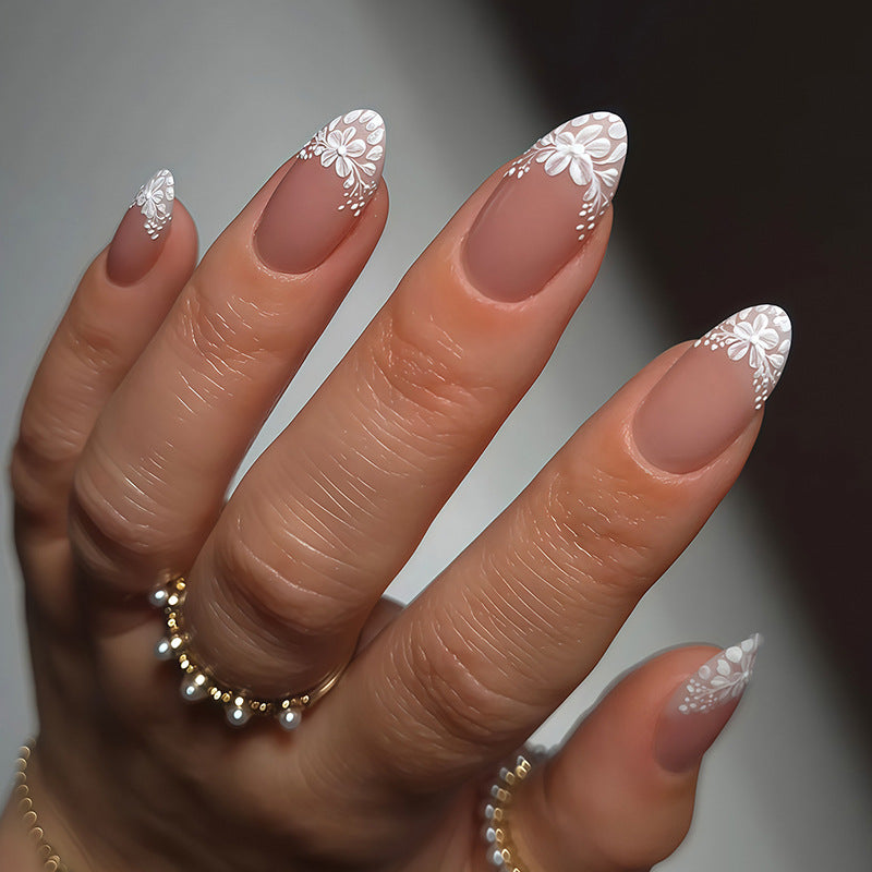 Botanical Elegance Long Almond White Floral Press-On Nail Set