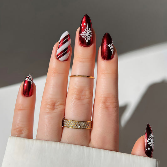 Festive Elegance Long Almond Deep Red with White Detailing Press on Nail Set