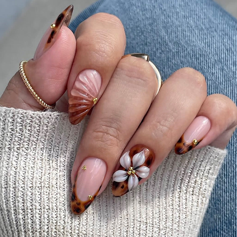 Tropical Elegance Long Almond Brown Ombre with Floral Accents Press On Nail Set