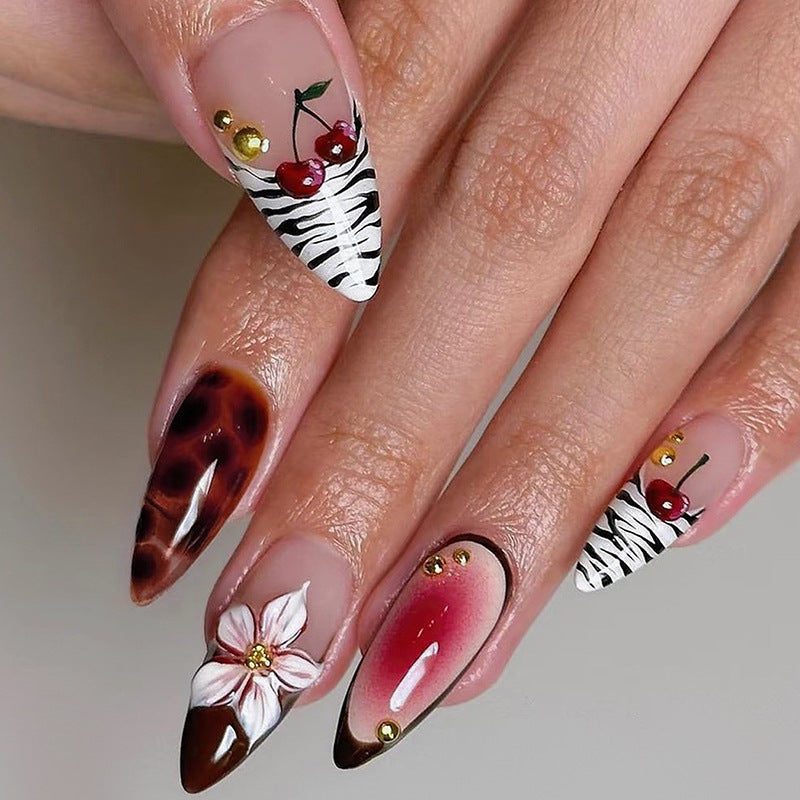 Wild Safari Elegant Long Almond Red and Black Zebra Print Press On Nail Set with Floral Accents and Gold Studs