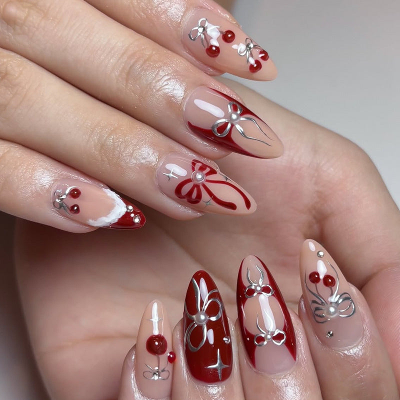 Cherry Blossom Elegance Long Almond Maroon with Silver Accents and Floral Designs Press On Nail Set