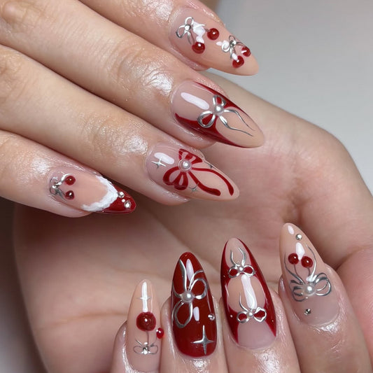 Cherry Blossom Elegance Long Almond Maroon with Silver Accents and Floral Designs Press On Nail Set