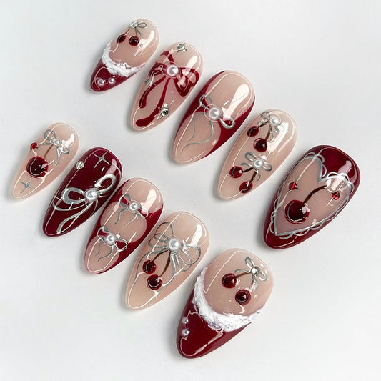 Festive Charm Long Almond Red and Beige Glossy Press-On Nail Set with Whimsical Holiday Design
