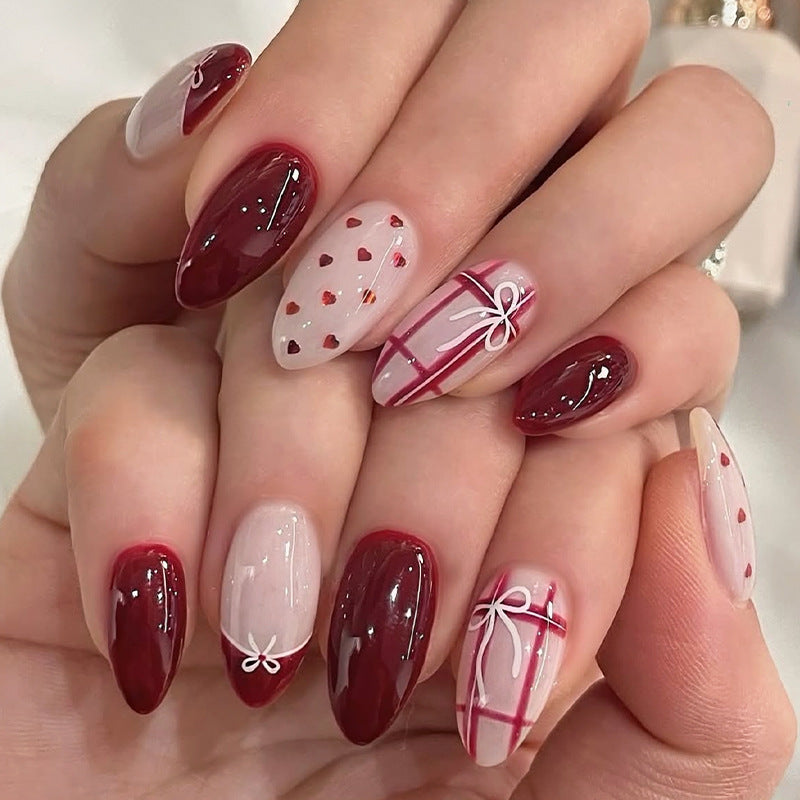 Romantic Elegance Short Almond Shaped Burgundy and Beige Press on Nail Set with Charming Heart and Bow Accents