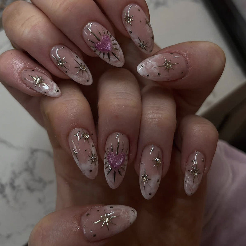 Celestial Charm Short Almond Blush Pink with Star and Heart Accents Press-On Nail Set