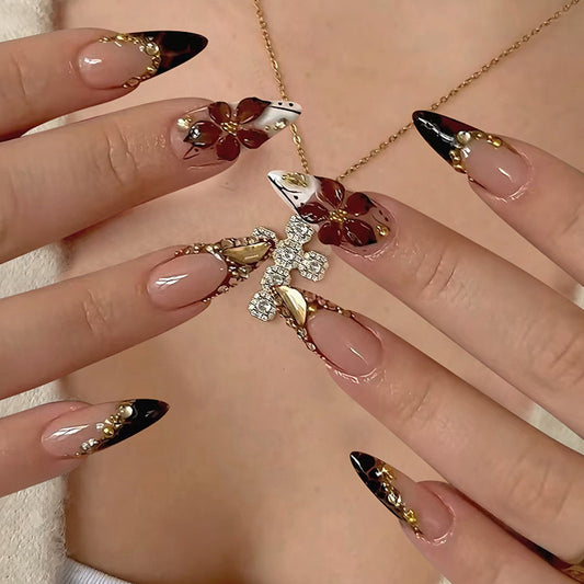 Glamorous Floral Elegance Long Stiletto Beige and Black with Shimmering Jewel Accent Press On Nail Set