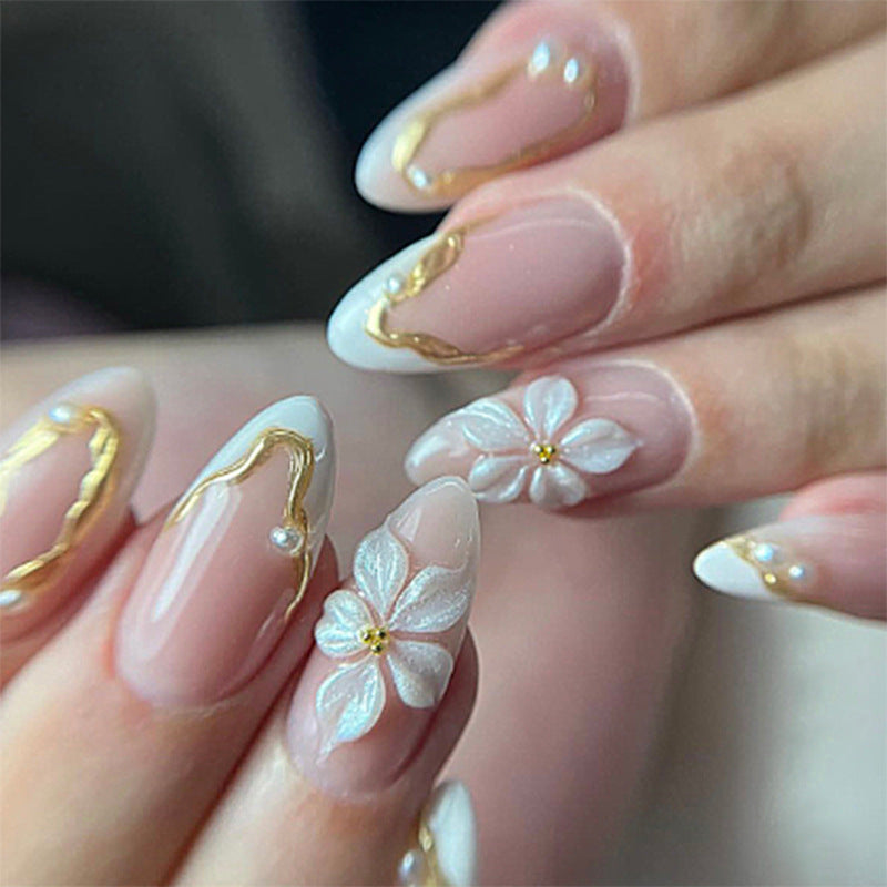 Floral Dreams Long Almond Transparent with Gold Accents and Stunning Floral Details Press On Nail Set
